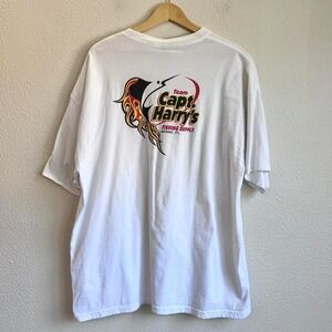 Y2K fishing T-shirt, Captain Harry's • White tee with flaming‎ marlin graphic